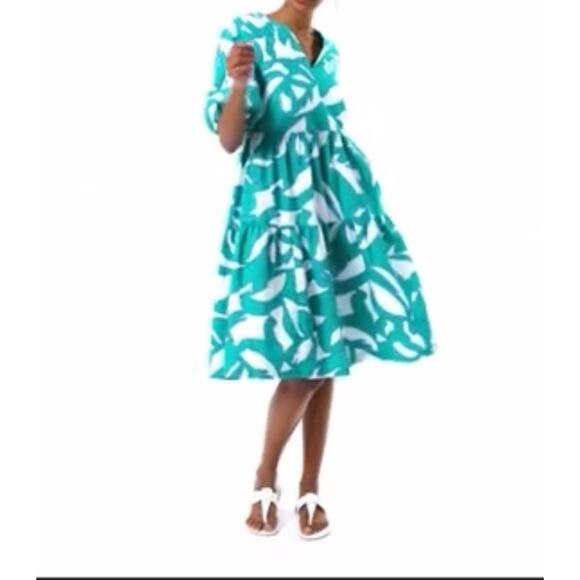 Chico's Dresses & Skirts - Chico's The Poplin Leaf Green Print Dress Size 3 Puff Sleeve V-NeckSundress